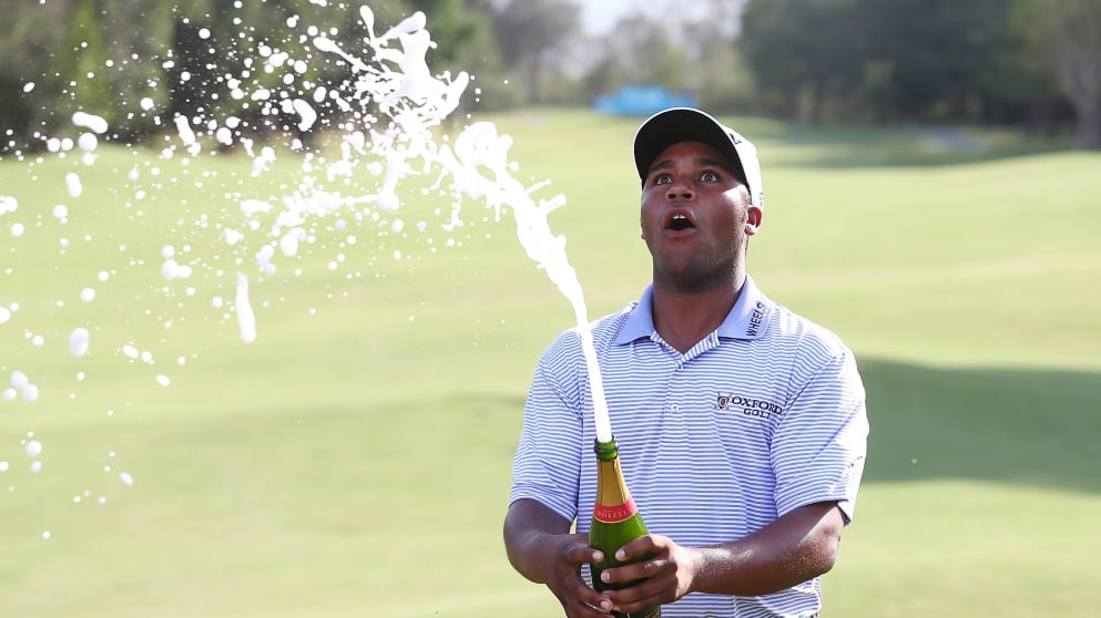 Harold Varner celebrates his victory in Australia