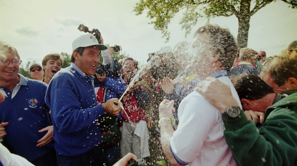 Seve spraying champagne at the 1995 Ryder Cup