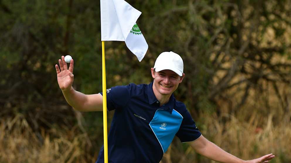 Lasse Jensen celebrates an albatross at the Nedbank Golf Challenge