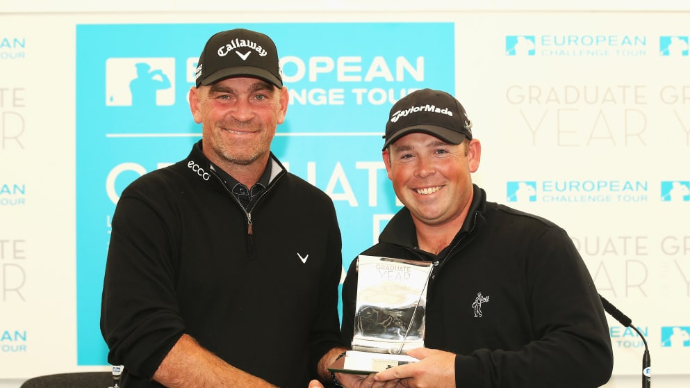 Challenge Tour Graduate of the Year Justin Walters (R) poses with Thomas Bjorn 