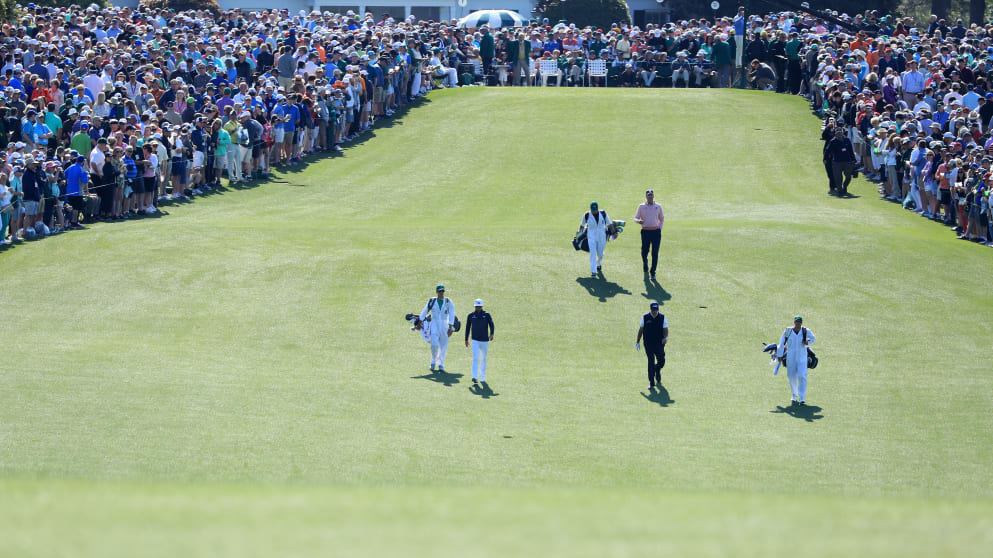 Rickie Fowler of the United States, Matt Kuchar of the United States and Phil Mickelson of the United States on Day 2 in Augusta
