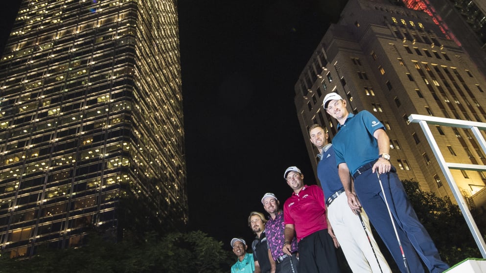 Player take part in the Urban Golf Challenge at the UBS Hong Kong Open
