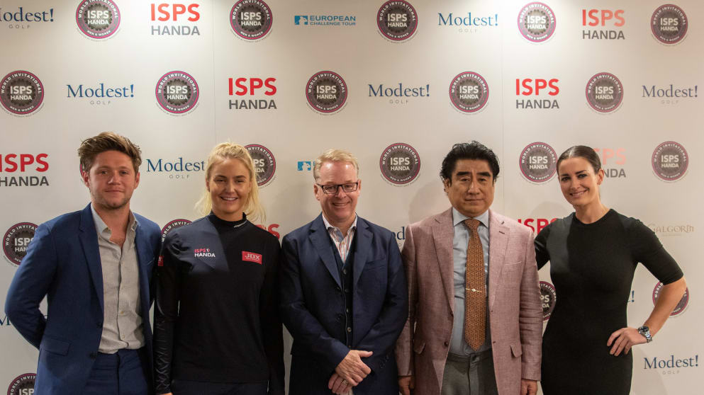 [L-R] Niall Horan, Charley Hull, Keith Pelley, Dr Handa and Kirsty Gallacher at the World Invitational launch