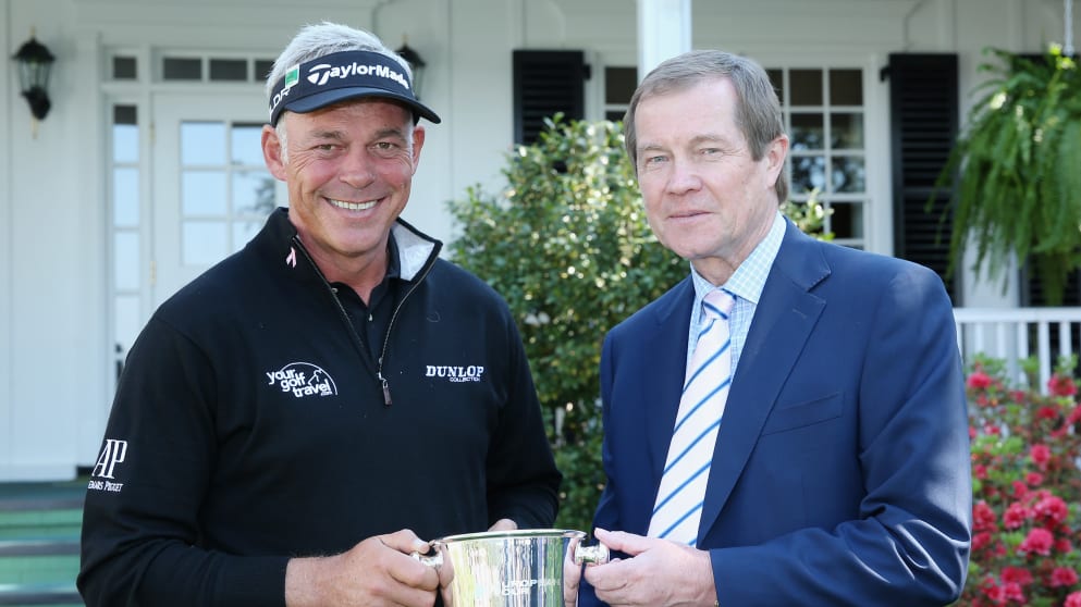George O'Grady presents Darren Clarke with a commemorative ice bucket to mark his 500th European Tour event