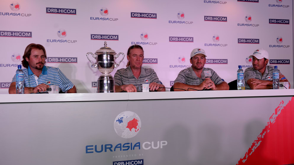 Victor Dubuisson, Miguel Angel Jimenez, the Captain of Team Europe, Graeme McDowell and Pablo Larrazabal talk to the media