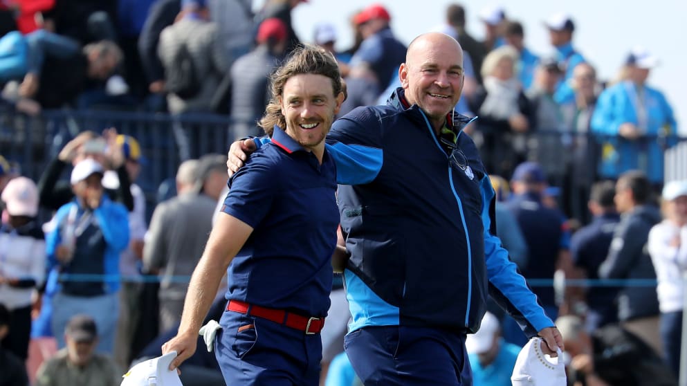Thomas Bjørn congratulates Tommy Fleetwood