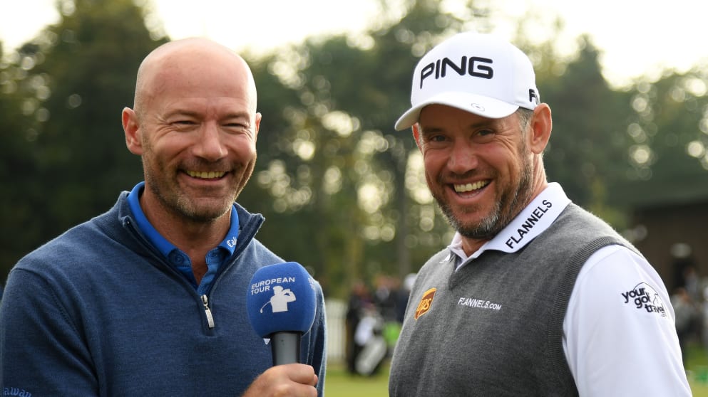 Lee Westwood, right, is interviewed by former England footballer Alan Shearer during a practice round
