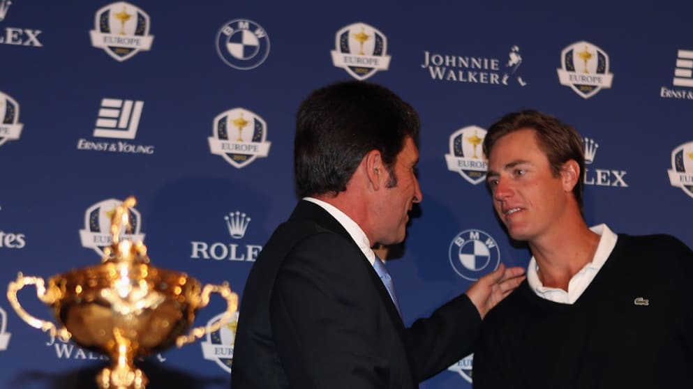 Jose Maria Olazabal, Captain of The European Ryder Cup team, with Nicolas Colsaerts