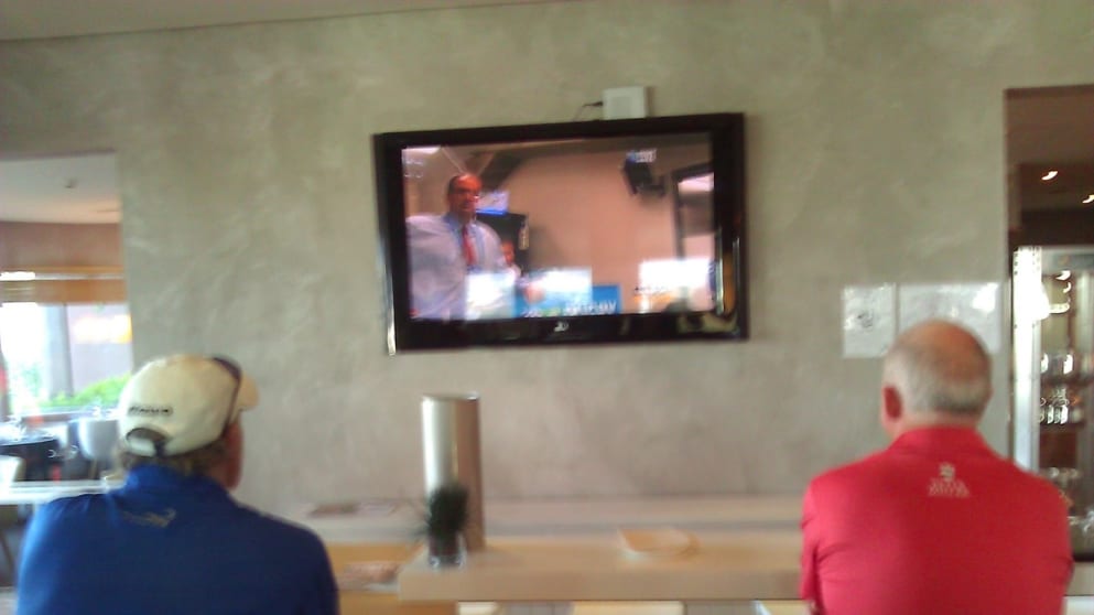 Gordon Brand Jnr (L) and Roger Chapman watch the England-Scotland Rugby World Cup match