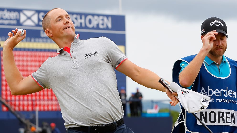 Alex Noren - throws his ball into the crowd after winning the Aberdeen Asset Management Scottish Open 
