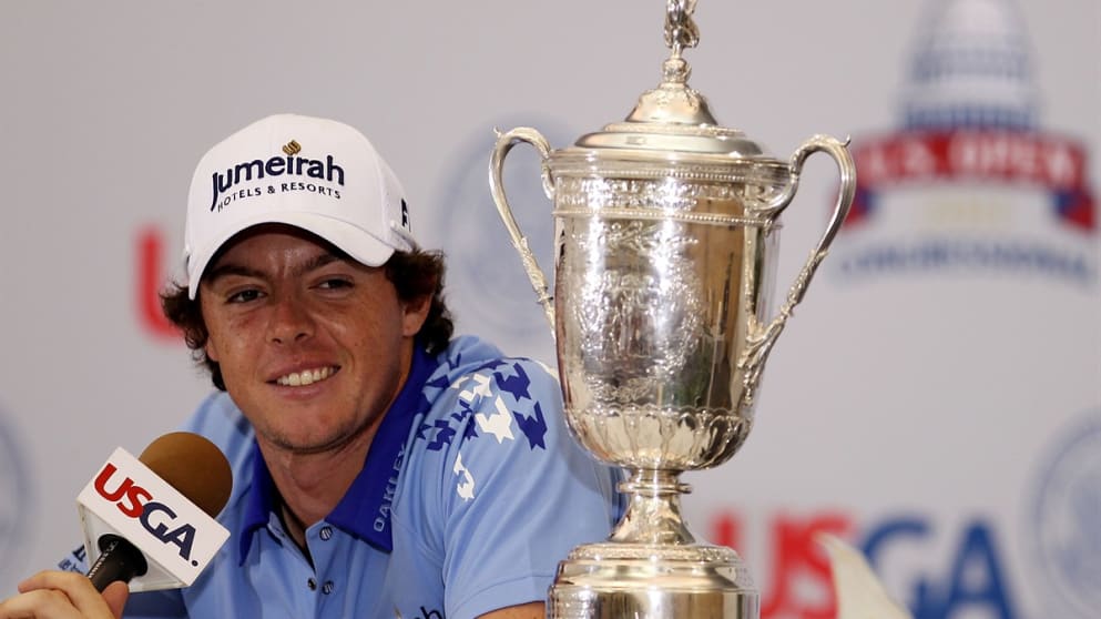 Rory McIlroy talks to the meda after his US Open victory