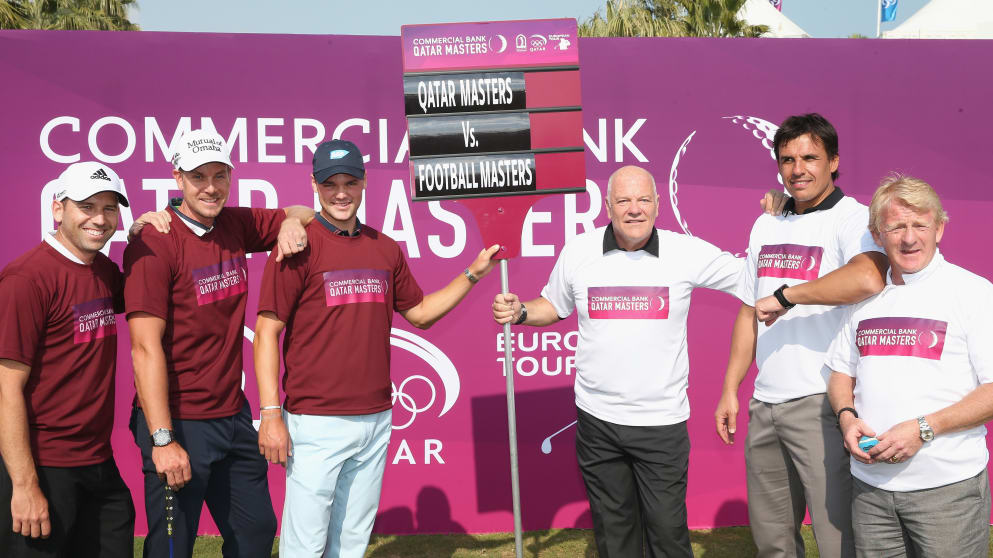 (L-R) Sergio Garcia, Henrik Stenson and Martin Kaymer take on Andy Gray, Chris Coleman and Gordon Strachan