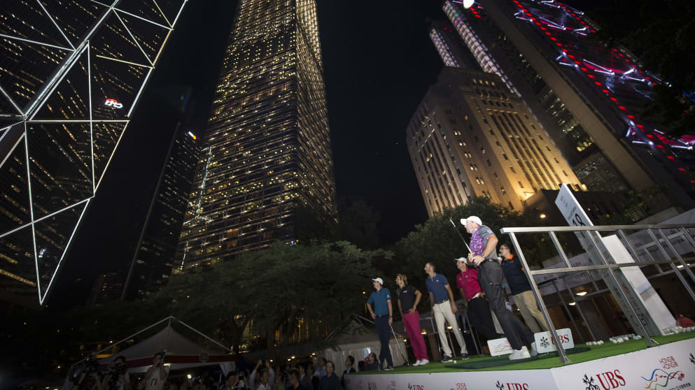 Graeme McDowell hits a shot during the Urban Golf Challenge at the UBS Hong Kong Open