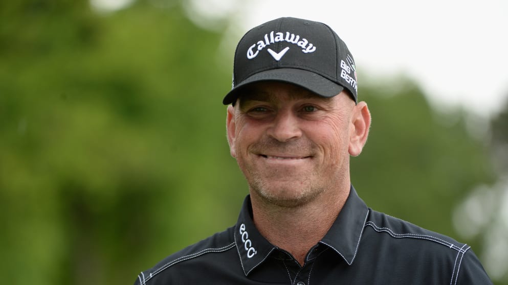 Thomas Bjorn smiles during day one of the BMW PGA Championship at Wentworth 