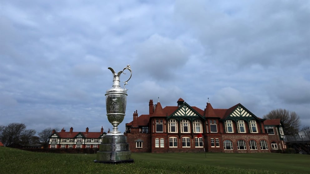 The Claret Jug on the 18th green at Royal Lytham & St Annes
