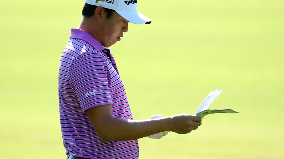 David Lipsky - checks a yardage on the first hole during day three of the Turkish Airlines Open