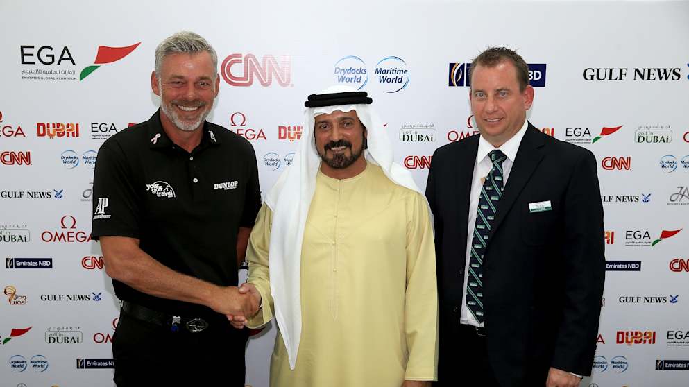 Mohamed Juma Buamaim The Chairman of The Mena Golf Tour (centre) welcomes Darren Clarke of Northern Ireland as the Patron of The Mena Golf Tour (l) with Chris Turlik The Tournament Director of The Mena Golf Tour