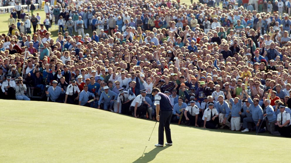 Sir Nick Faldo sinking the winning putt in The 1990 Open at St Andrews