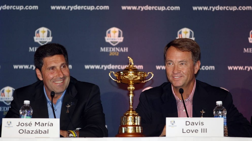 Jose Maria Olazabal and Davis Love III were in fine spirits at the Year-to-Go Captains' press conference