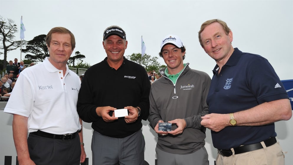 George O'Grady, Chief Executive of the European Tour,  Darren Clarke and Rory McIlroy of Northern Ireland and Taoiseach Enda Kenny 
