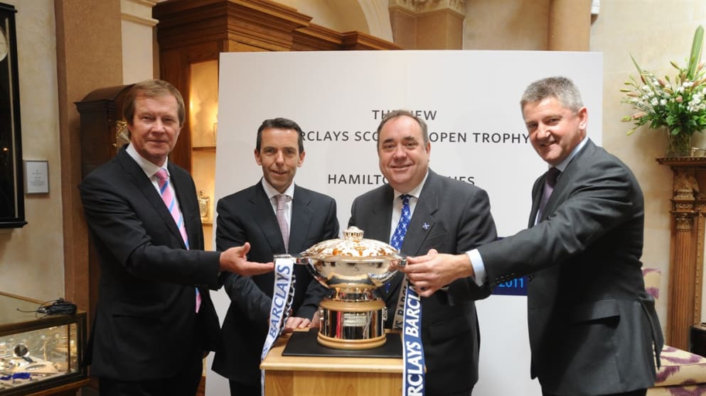 George O'Grady, Ian Stuart, Alex Salmond and Stephen Paterson with the new Barclays Scottish Open trophy (picture by Chris Watt)