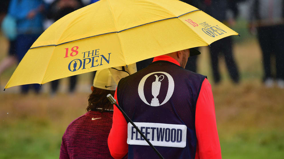 Tommy Fleetwood and his Open umbrella pictured the second round of the 147th Open Championship