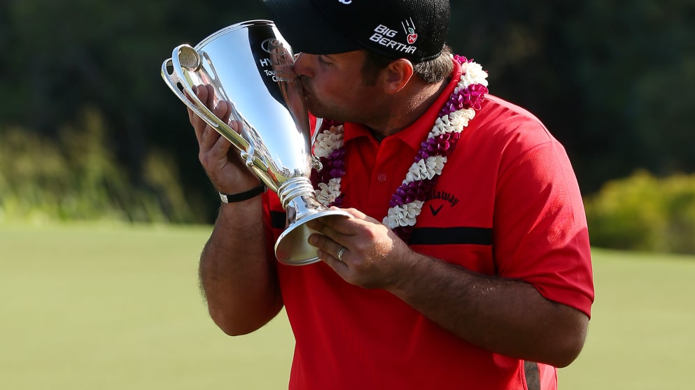 Patrick Reed kisses Hyundai Tournament of Champions trophy