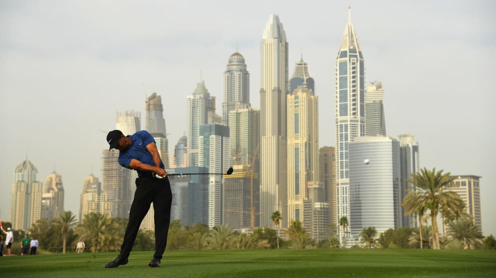 Tiger Woods during his first round at Emirates Golf Club