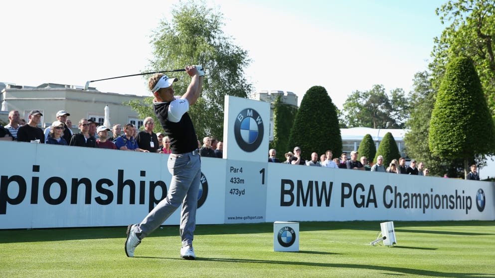 Luke Donald tees off in the Pro-Am at the BMW PGA Championship