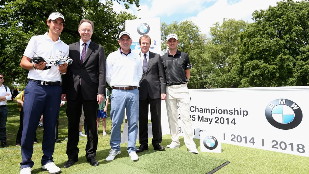  (L-R) Matteo Manassero; Dr.Ian Robertson, Member of the Board of Manangement of BMW AG; Paul McGinley; George O'Grady and Justin Rose after Manassero won the 