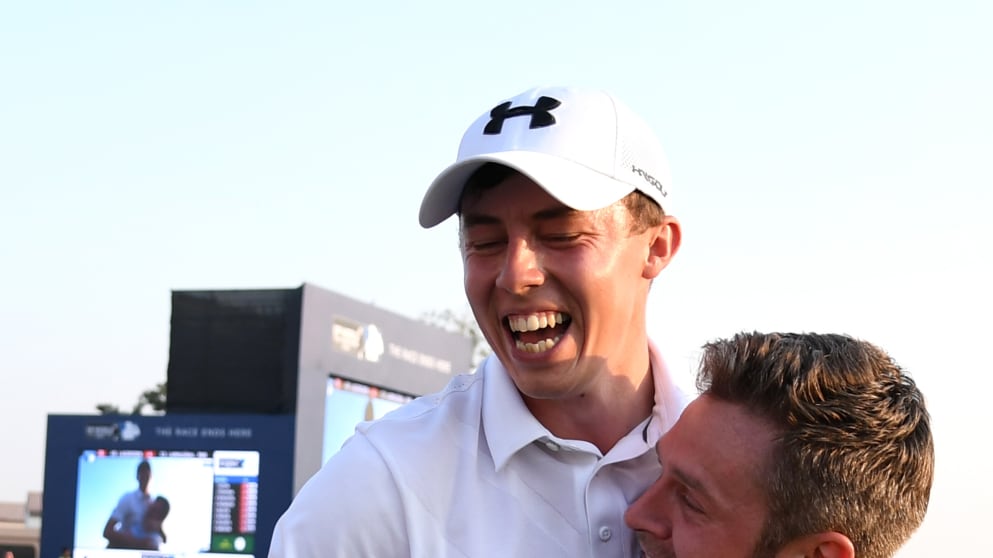 Matt Fitzpatrick - celebrates after holing the winning putt on the 18th green at the DP World Tour Championship