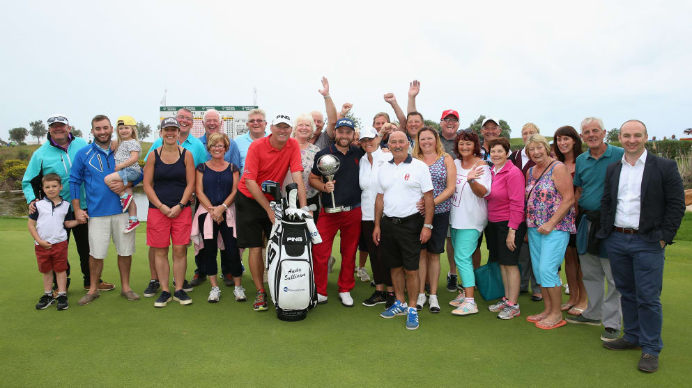Andy Sullivan of England poses with the trophy with 