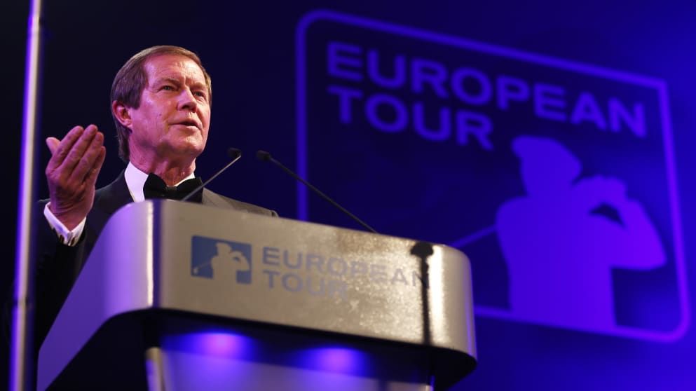 George O'Grady, the Chief Executive of the European Tour, speaks to the guests during the European Tour Players' Awards 