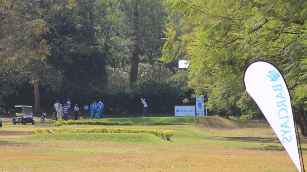 Seve Benson tees off in the first and only play-off hole at the Barclays Kenya Open