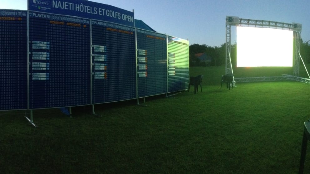 An outdoor big screen at Aa Saint Omer Golf Club shows the Spain-Netherlands World Cup 2014 match