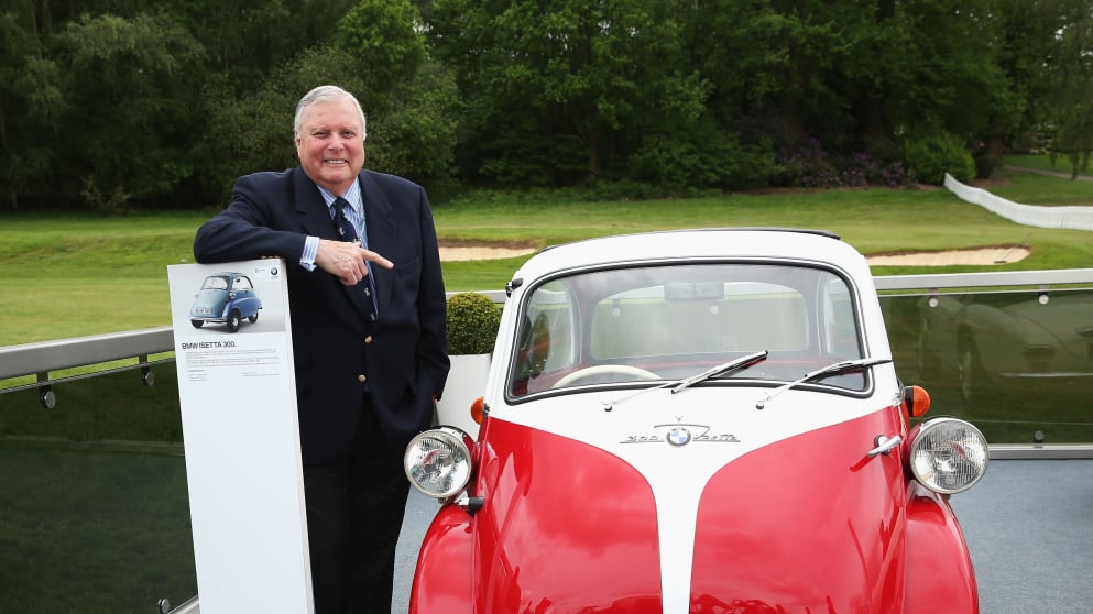 Former PGA Championship winner Peter Alliss poses to celebrate 60 years of the Championship ahead of the BMW PGA Championship at Wentworth