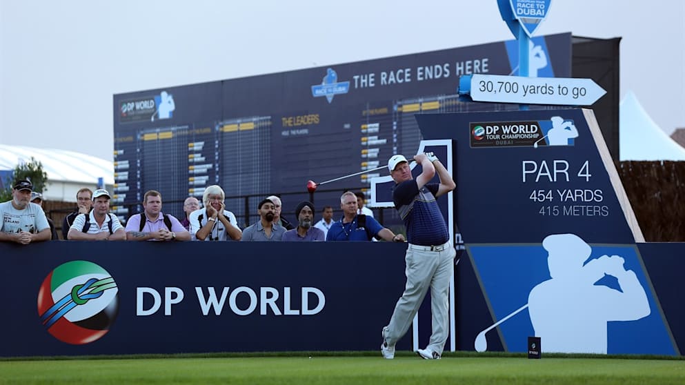 Richard Finch  hits the opening tee shot of the DP World Tour Championship