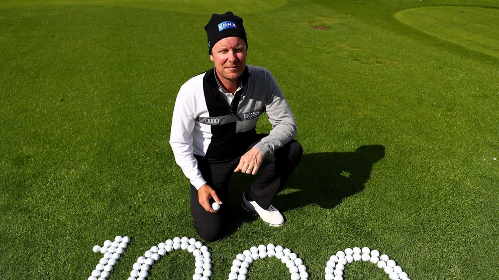 Mikko Ilonen poses for a picture after hitting the 1000th European Tour hole in one 