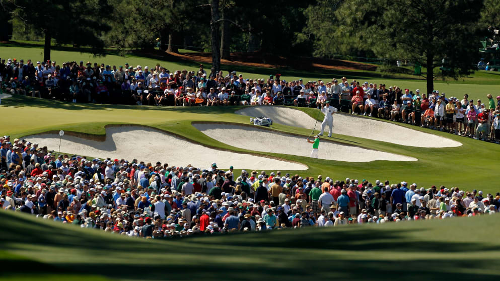 Luke Donald plays from a bunker at Augusta National's seventh hole