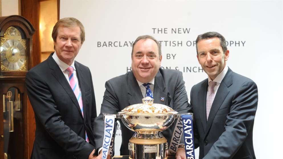 George O'Grady, Alex Salmond and Ian Stuart with the new Barclays Scottish Open trophy (picture by Chris Watt)