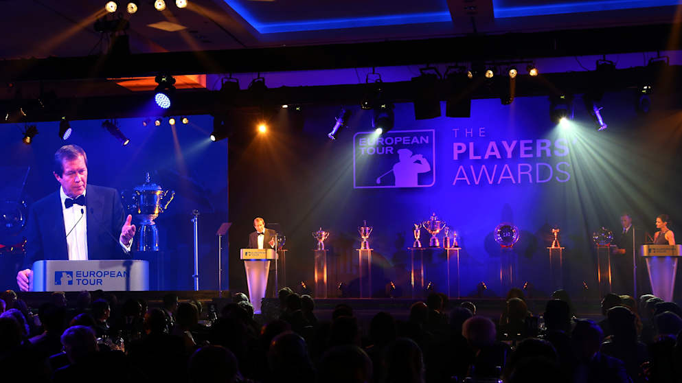 George ,the Chief Executive of the European Tour, speaks to the audience during the European Tour Players' Awards