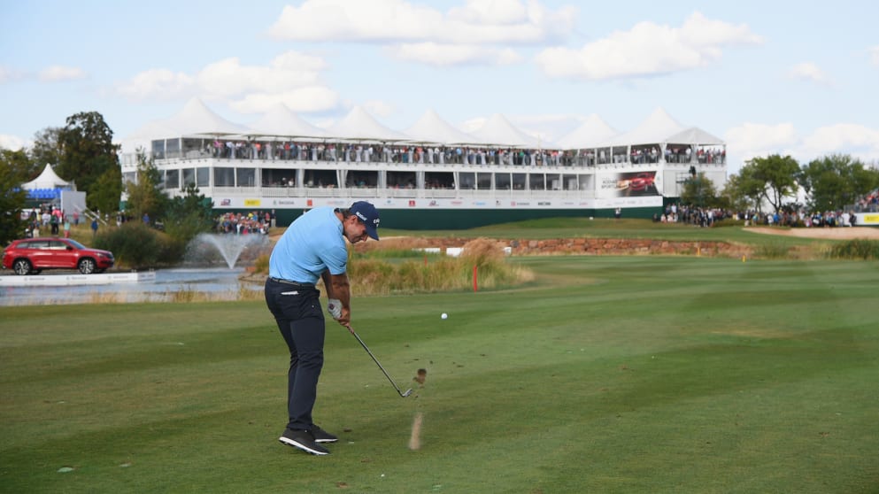 Andrea Pavan - hits his second shot into the 18th green at the D+D REAL Czech Masters 