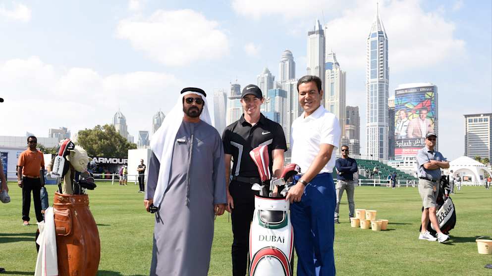 His Royal Highness Prince Moulay Rachid with world number three Rory McIlroy and Mohamed Juma Buamaim, vice chairman and CEO of golf in DUBAi, at Emirates Golf Club