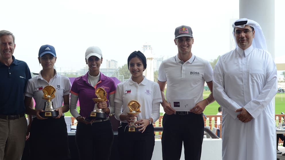 The Winning QGA Team of the Commercial Bank Qatar Masters morning Pro-Am with professional Matthias Schwab (Austria), Hussein Al-Abdulla, Commercial Bank of Qatar, Chief Marketing Officer (right) and Keith Waters, European Tour Chief Operating Officer
