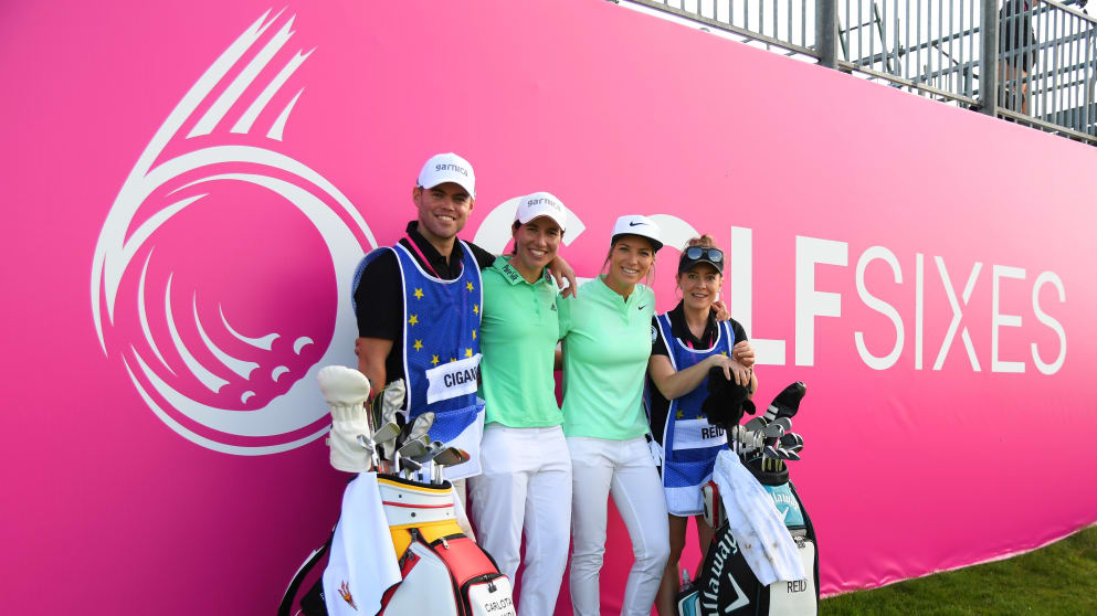 Carlota Ciganda and Mel Reid during the GolfSixes Pro-Am