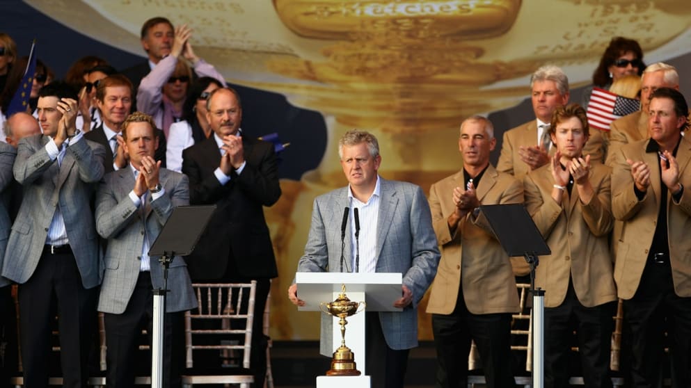 European Team Captain Colin Montgomerie speaks at the closing ceremony