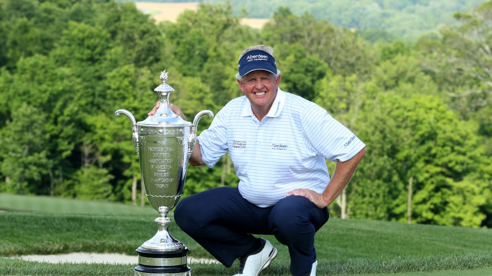 Colin Montgomerie with the Alfred S. Bourne Trophy after winning the Senior PGA Championship Presented By KitchenAid