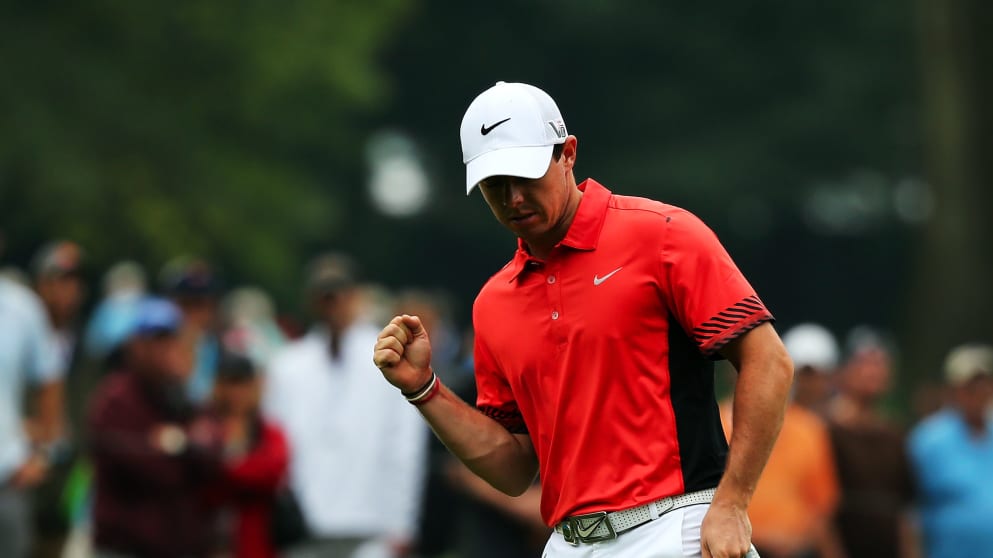 Rory McIlroy of Northern Ireland celebrates making a putt for birdie on the seventh hole