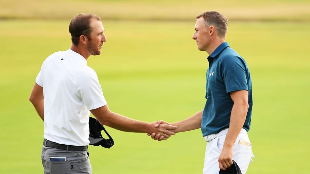 Kevin Chappell and Jordan Spieth shake hands after the third round of the 147th Open Championship