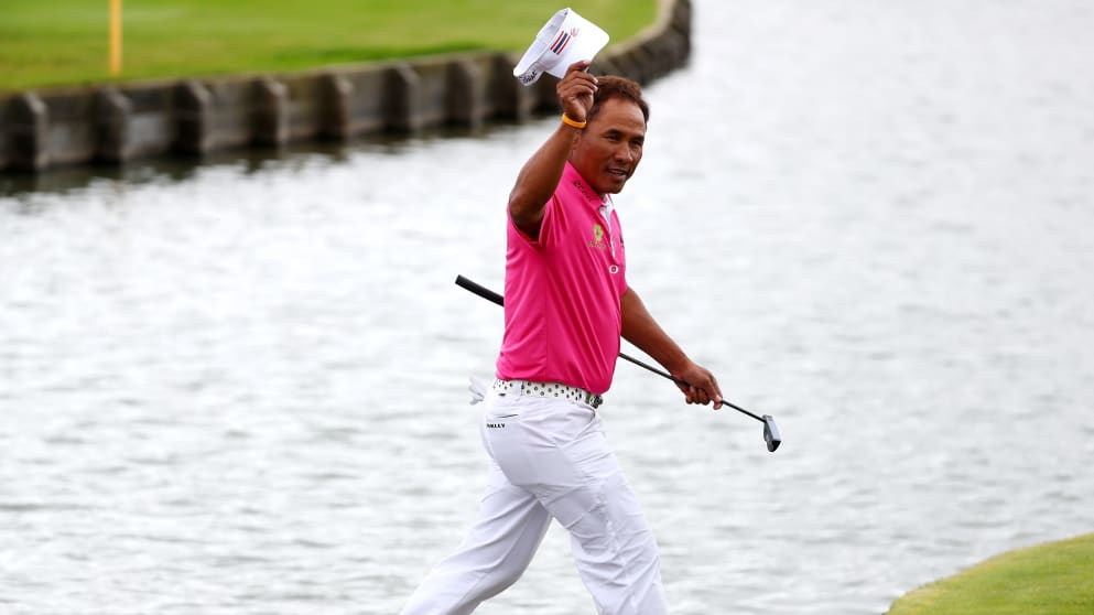 Thongchai Jaidee celebrates victory at Le Golf National